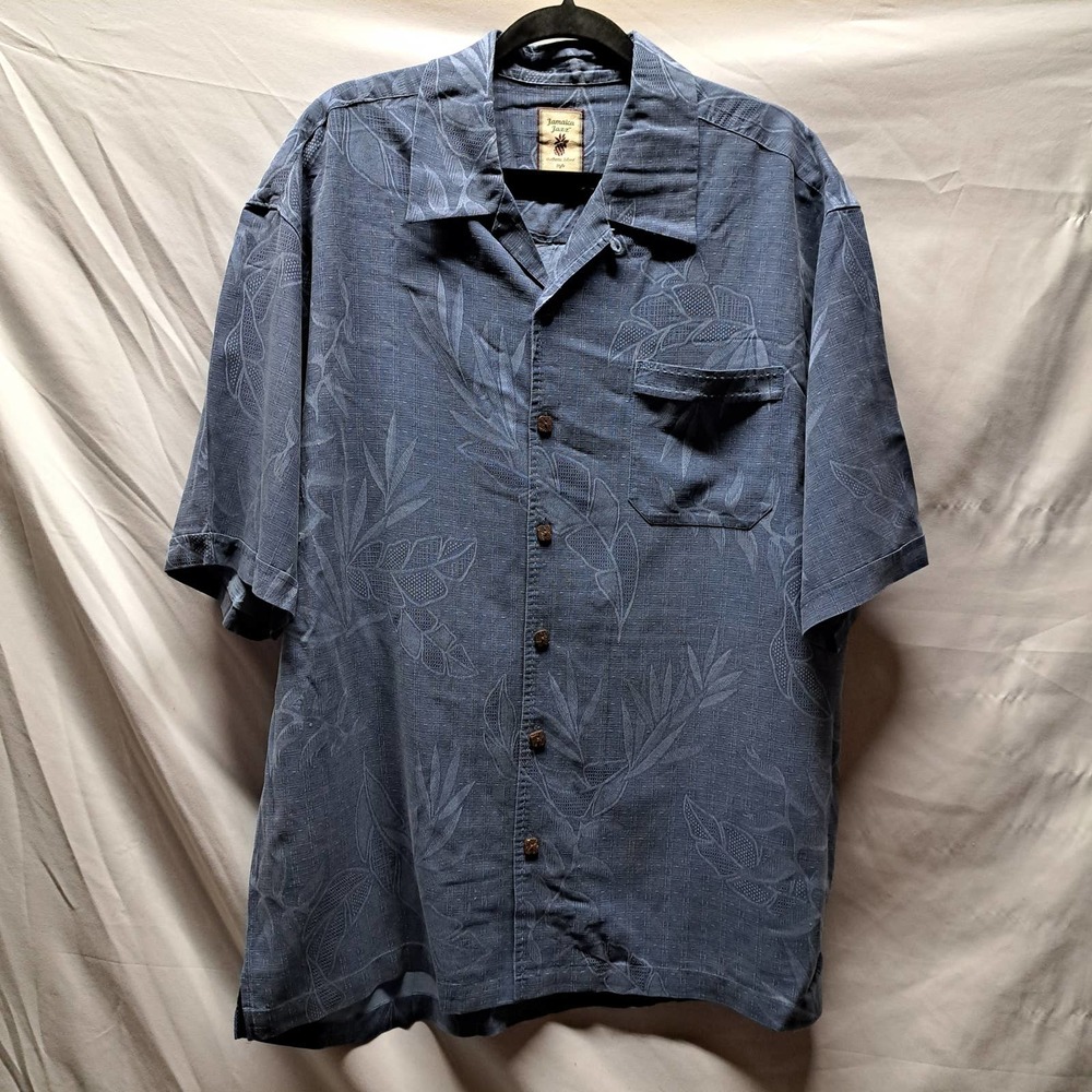 Jamaica Jaxx Blue 100% Silk Men's Short Sleeve Leaf pattern button up Shirt  XL